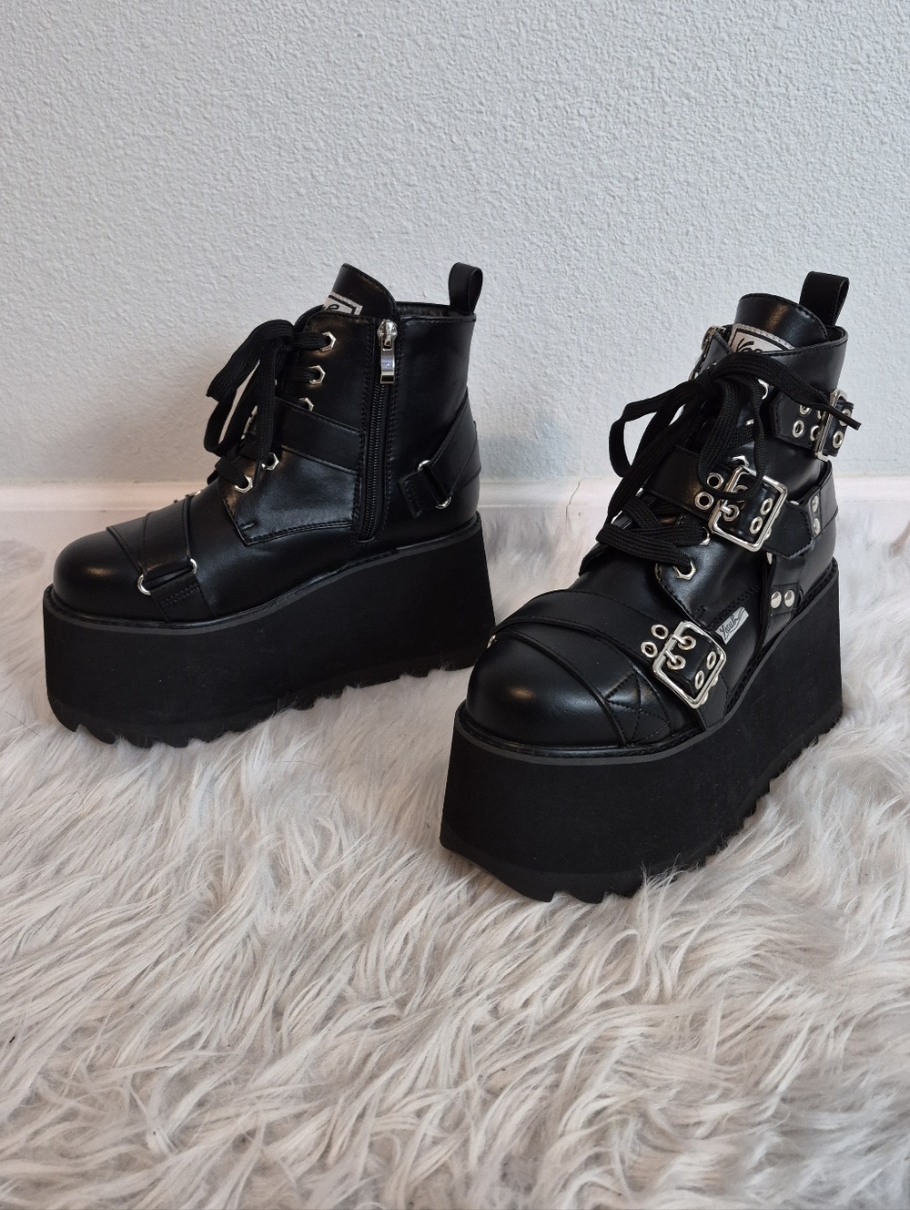Yosuke Gothic Black Platform Lace-Up Ankle Boots with Buckles Size 7 1/2